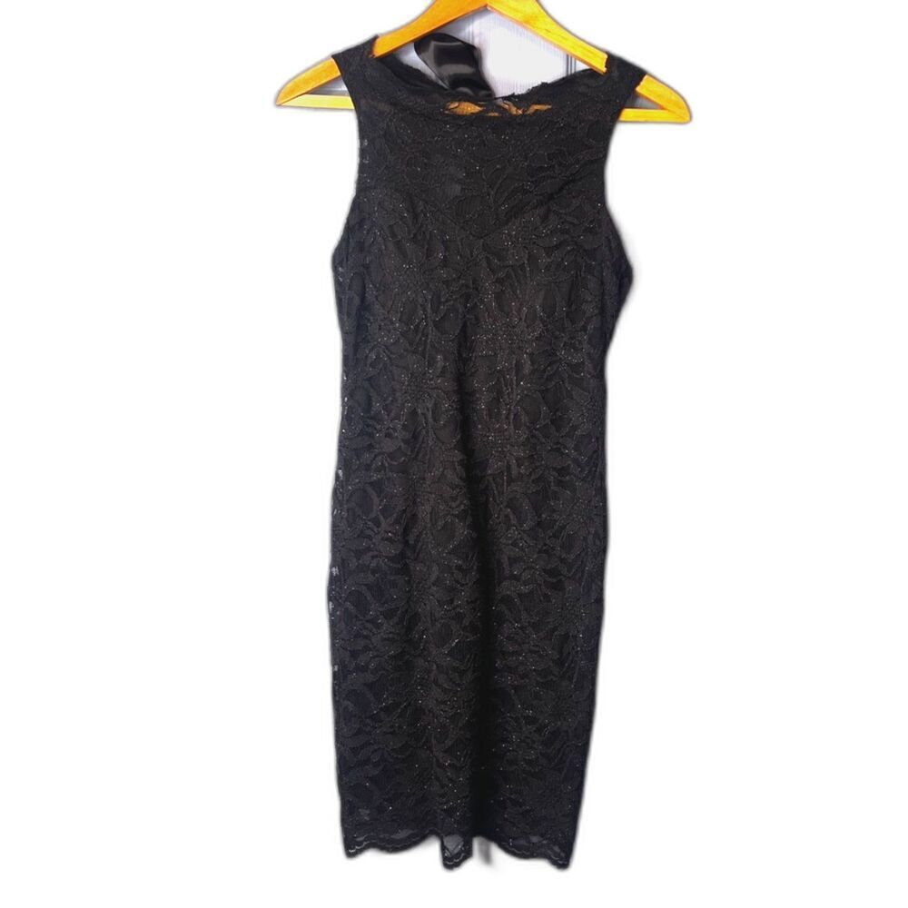 Morgan & Co Black Lace Sleeveless Ribbon Tie Back Sheath Cocktail Dress Size 7/8